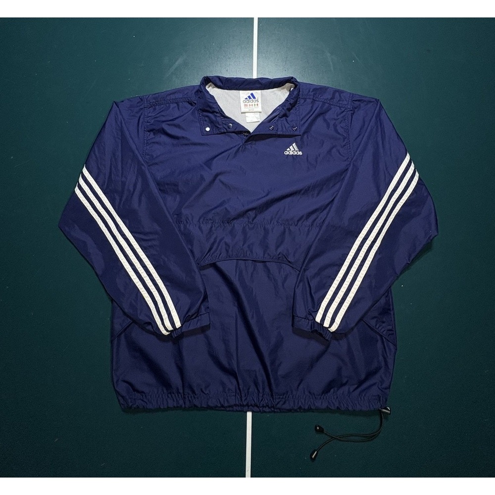 Vintage 90s‎ Adidas Windbreaker Jacket Men's Medium Snap Pullover Blue 3 Stripe